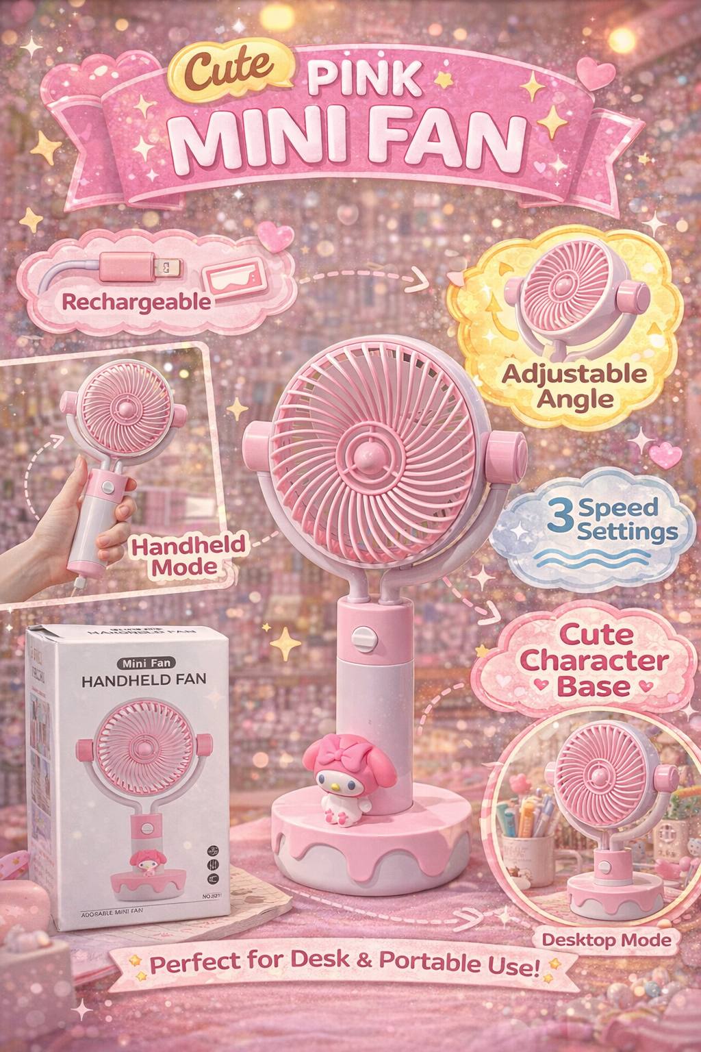 8211-A Cute Pink Handy Fan