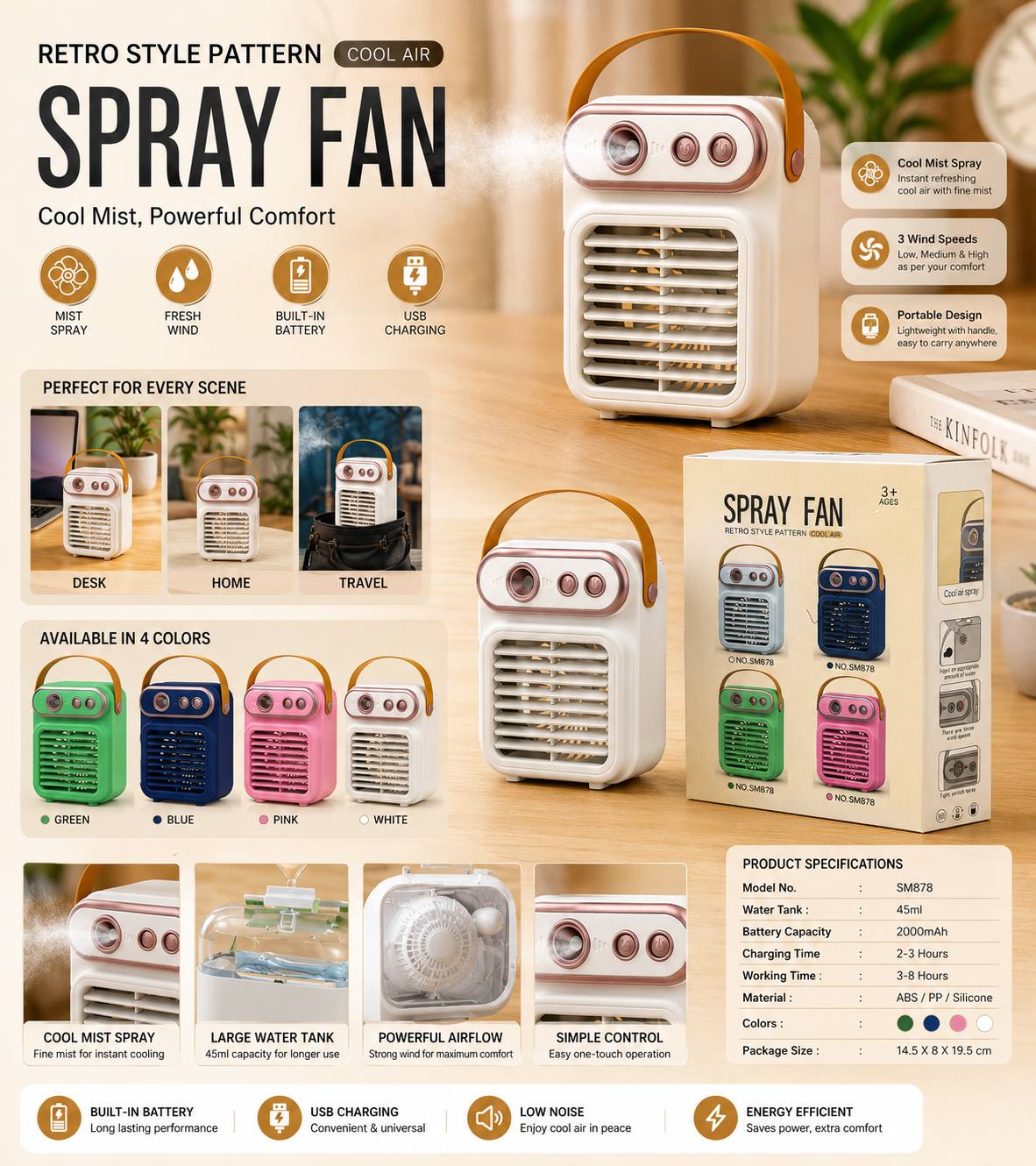 SM878 Portable Rechargable Mist Cooling Fan