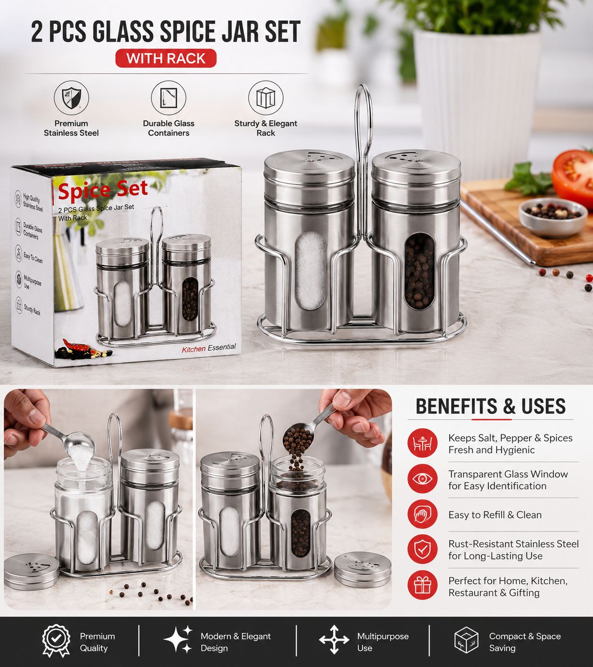 9011 2 Pcs Glass + Steel Salt & Pepper Dispenser Set (Imported)