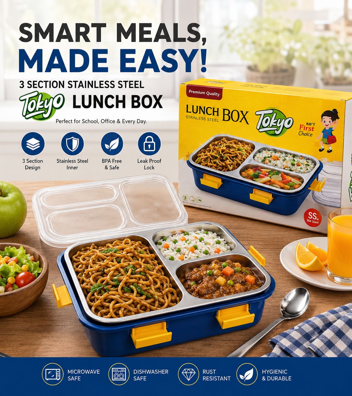 3 Section Tokyo Stainless Steel Lunch Box