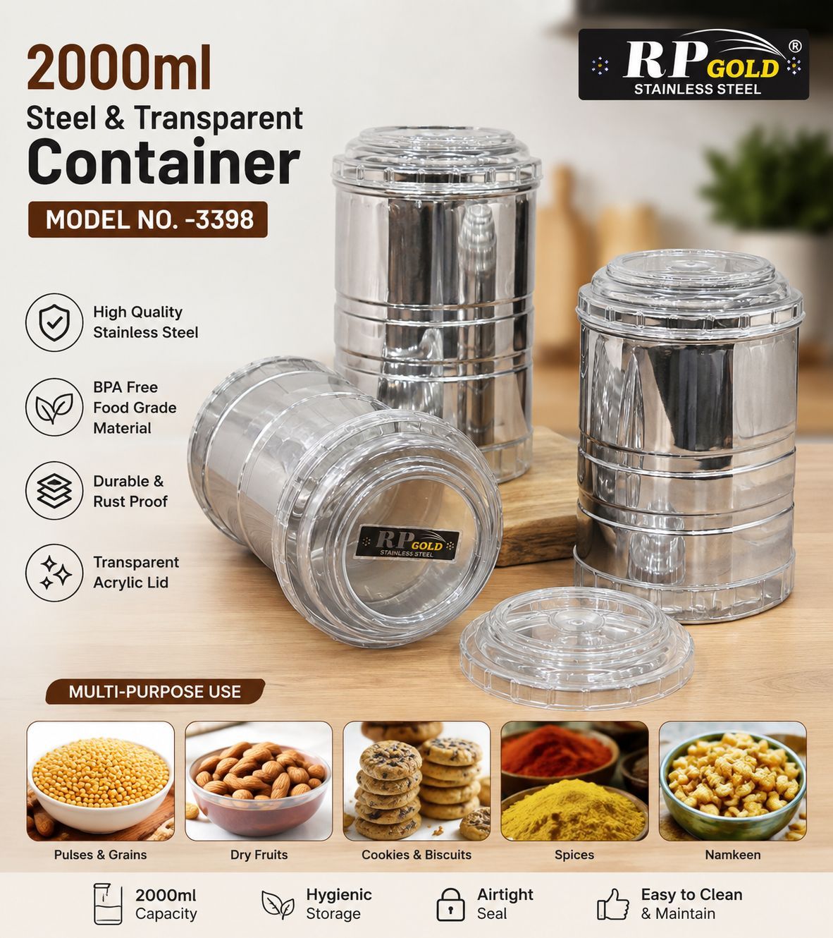 3398 2000ml Steel & Transparent Container