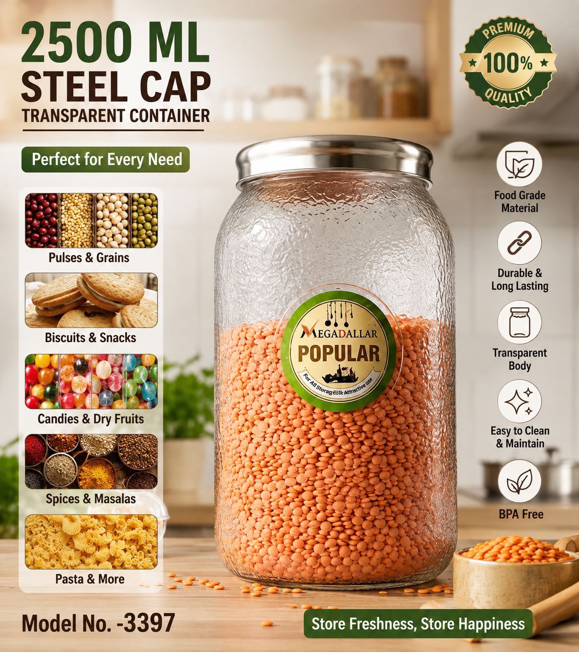 3397 2500ml Steel Cap Transparent Container
