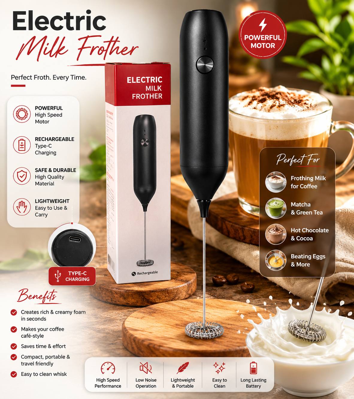 High Power Rechargable Milk Frother (Imported)