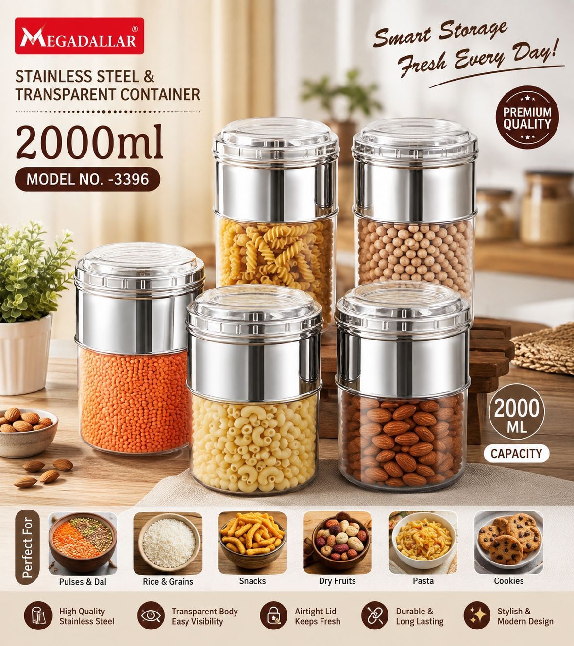 3396 2000ml Steel Transparent Container
