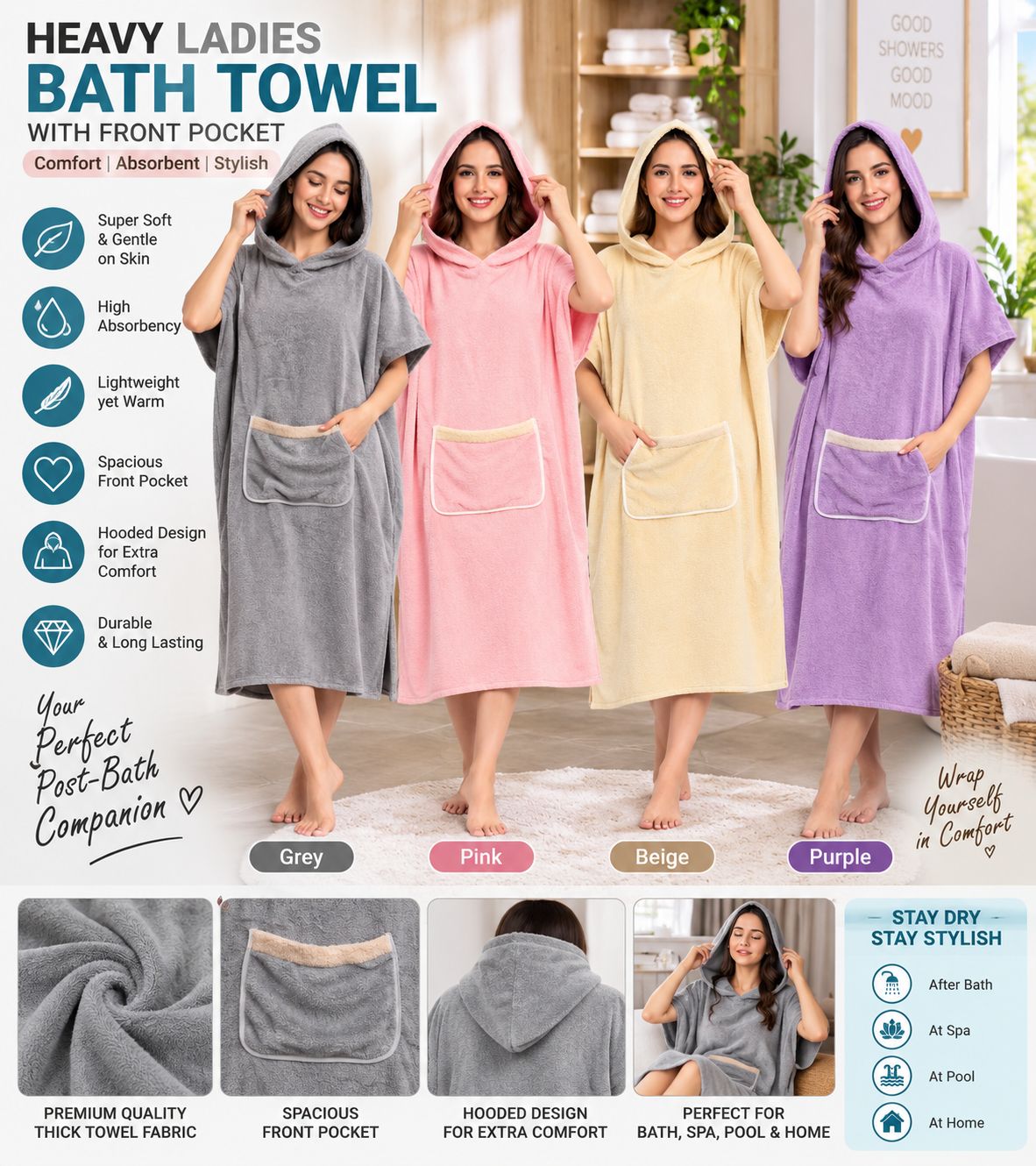 Heavy Ladies Hooded Bath Towel (Imported)