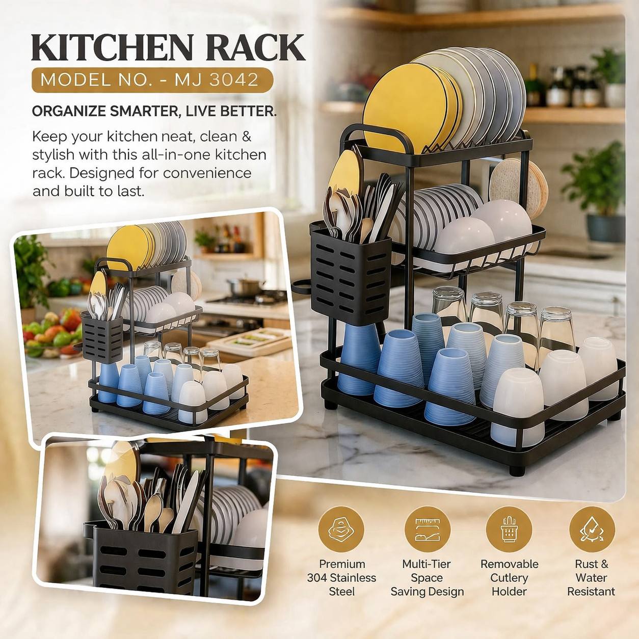MJ-3042 3 Layer Kitchen Utensils Storage Rack