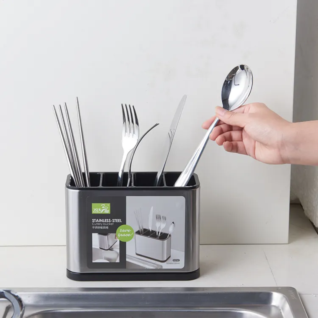 2in1 Stainless Steel Cutlery Bucket (Imported)
