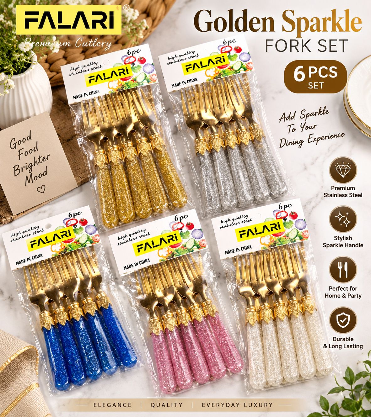 6 Pcs Golden Crystal Sparkling Fork Set (Imported)