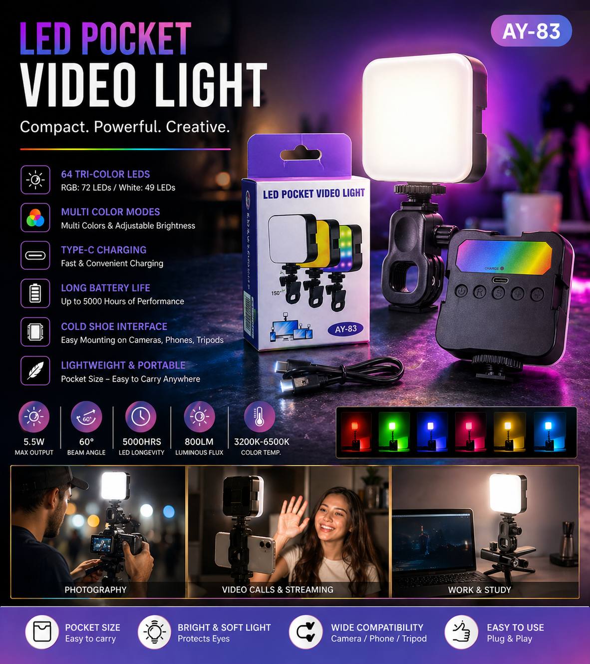AY-83 LED Pocket Video LED Light (Imported)