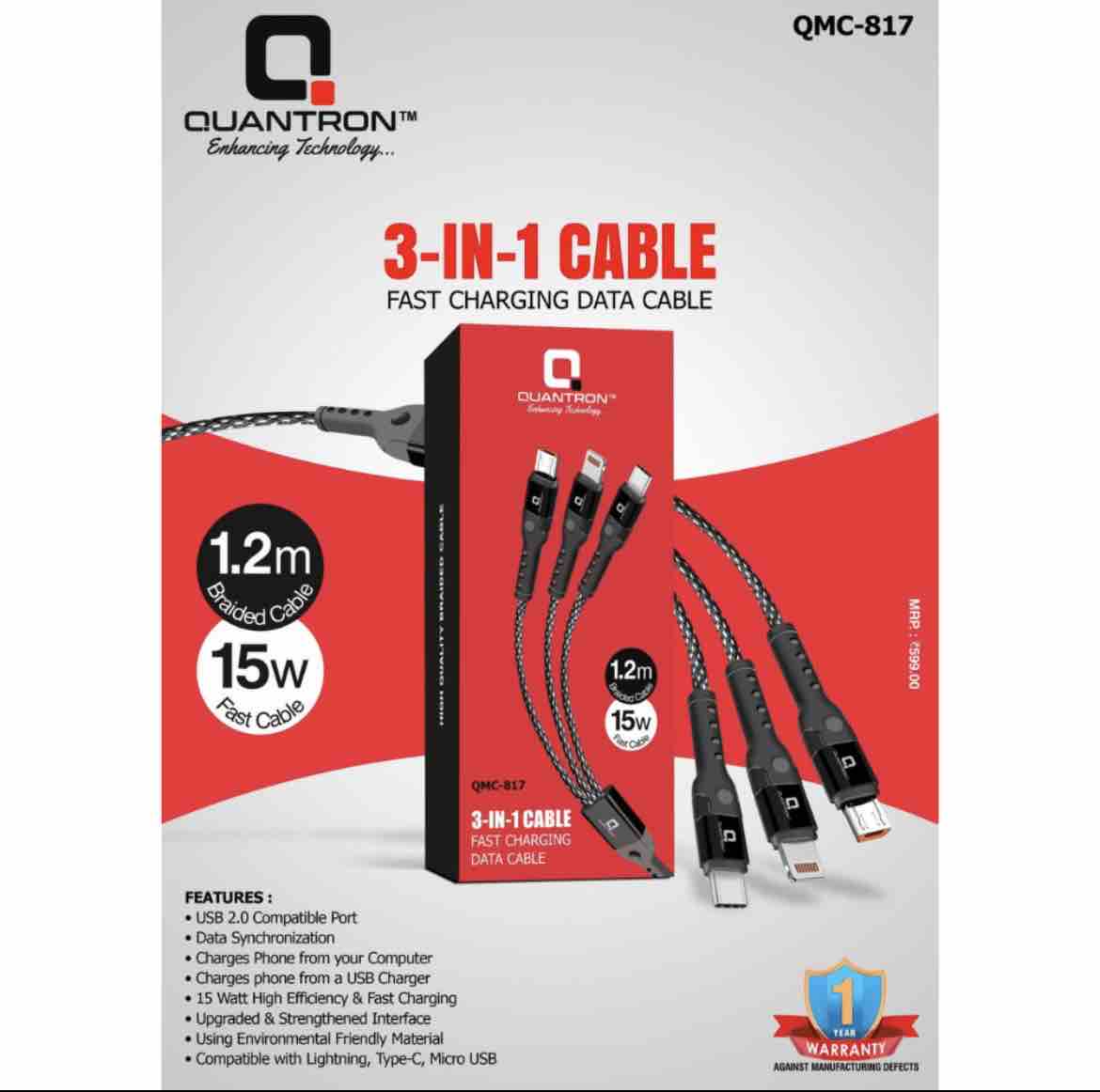QUANTRON QMC-817 3 IN 1 DATA CABLE WITH 6 MONTH WARRANTY
