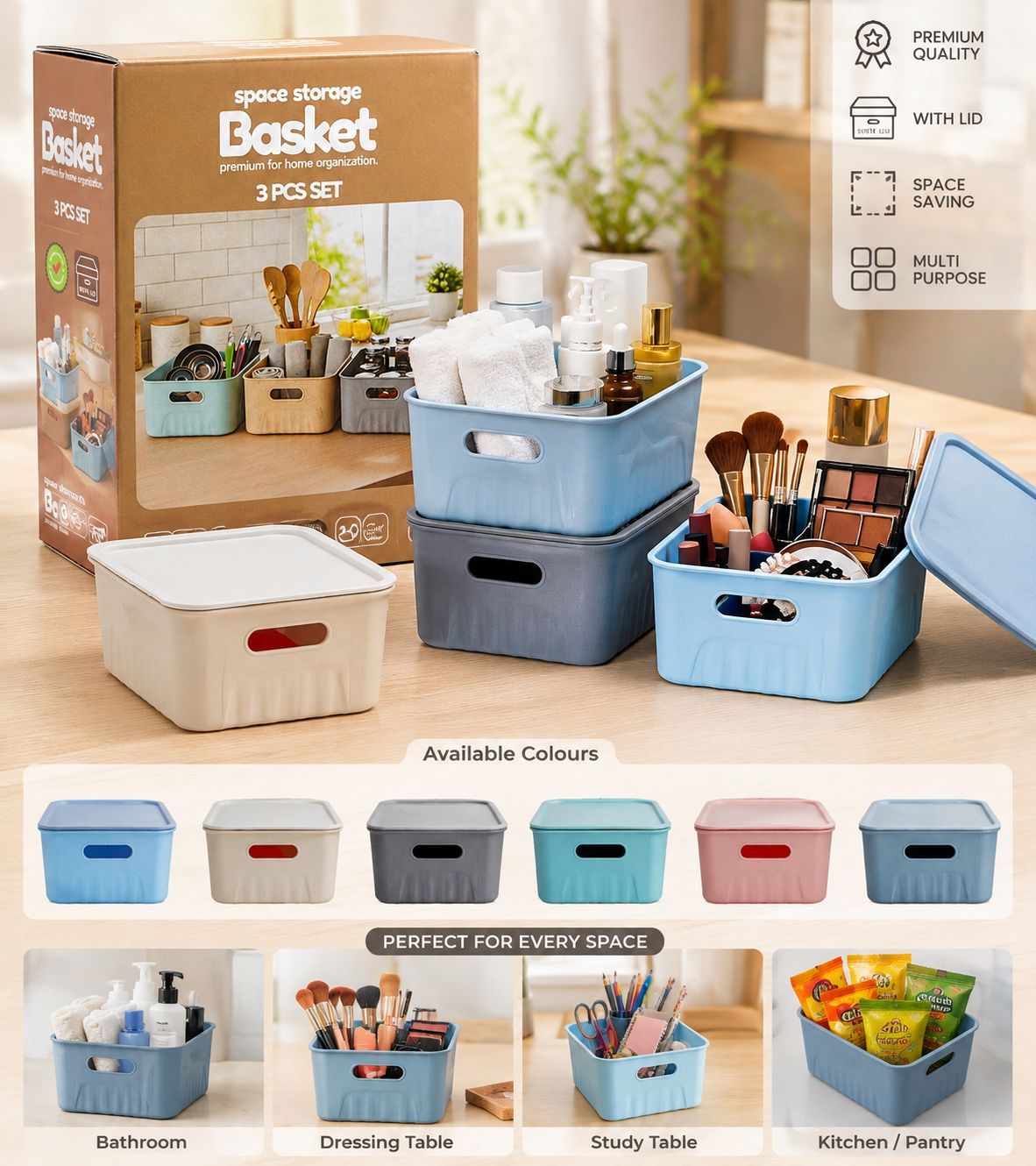 3 Pcs Multi Storage Basket With LID