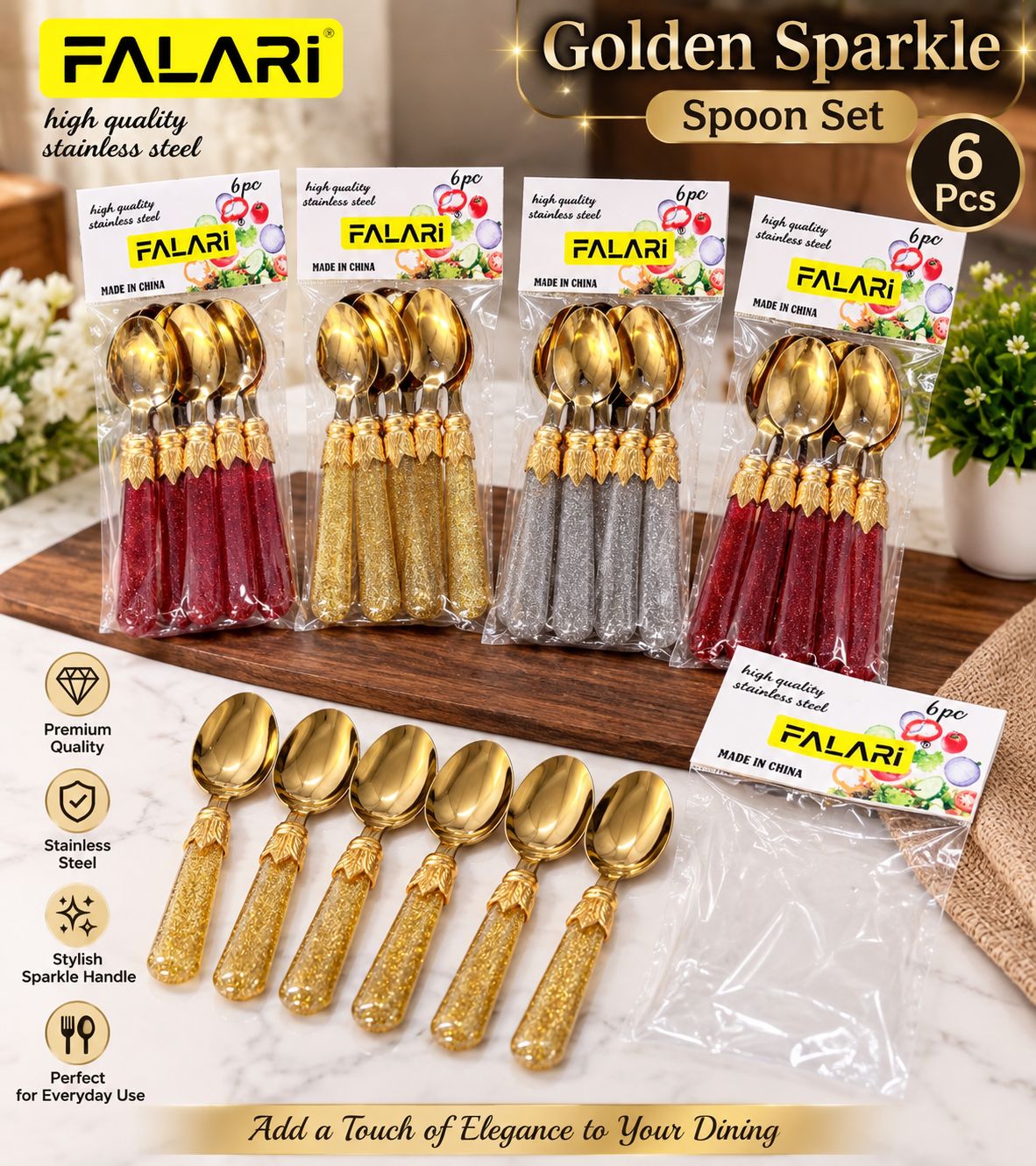 6 Pcs Golden Crystal Sparkling Spoon Set (Imported)