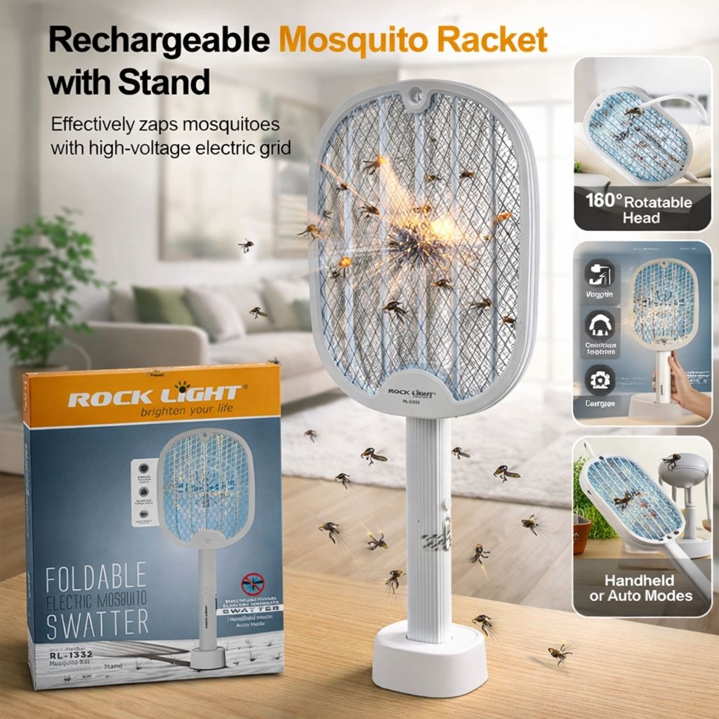 RL-1332 Foldable Electric Mosquito Racket With Stand (Imported)